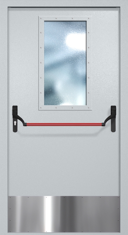 Однопольная противопожарная дверь EI-60 с широким стеклопакетом, отбойником и ручкой «Антипаника», окрас по RAL