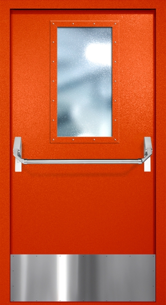Однопольная противопожарная дверь EI-60 с широким стеклопакетом, отбойником и ручкой «Антипаника», окрас по RAL 3003