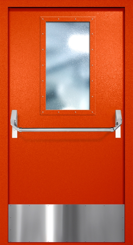 Однопольная противопожарная дверь EI-60 с широким стеклопакетом, отбойником и ручкой «Антипаника», окрас по RAL 3003