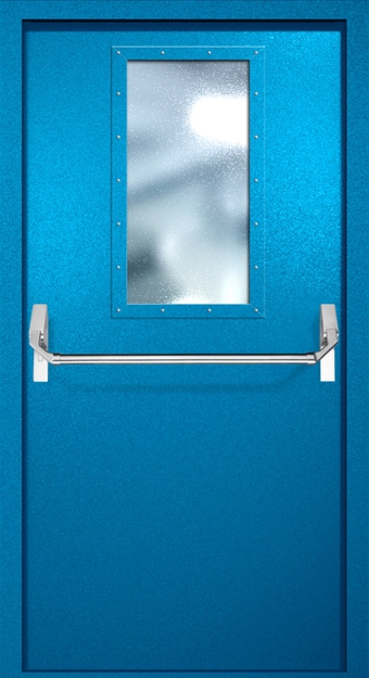 Однопольная противопожарная дверь EI-60 с широким стеклопакетом и ручкой «Антипаника», окрас по RAL 5002 Однопольная противопожарная дверь EI-60 с широким стеклопакетом и ручкой «Антипаника», окрас по RAL 5002