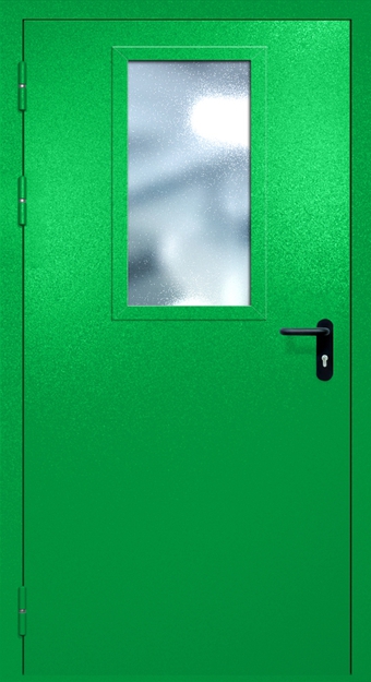 Однопольная противопожарная дверь EI-60 с широким стеклопакетом, окрас по RAL 6037 Однопольная противопожарная дверь EI-60 с широким стеклопакетом, окрас по RAL 6037