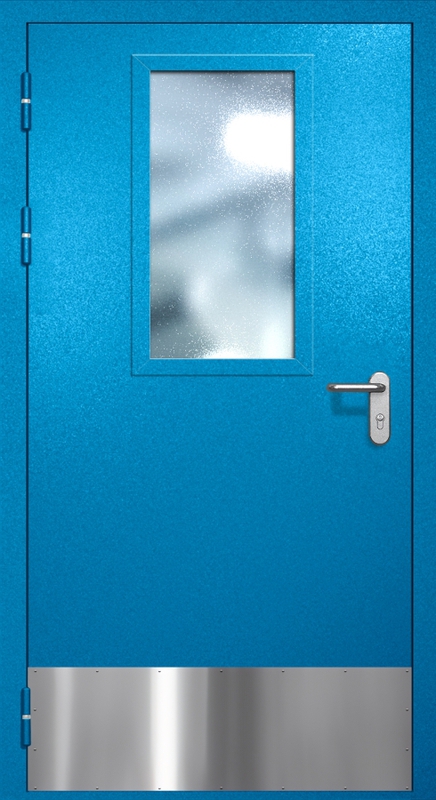 Однопольная противопожарная дверь EI-60 с широким стеклопакетом и отбойником, окрас по RAL 5002