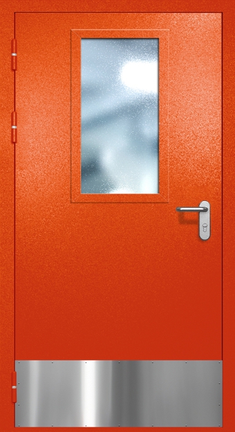 Однопольная противопожарная дверь EI-60 с широким стеклопакетом и отбойником, окрас по RAL 3003