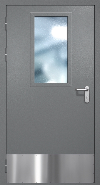 Однопольная противопожарная дверь EI-60 с широким стеклопакетом, отбойником и ручкой «Антипаника», окрас по RAL 7001 Однопольная противопожарная дверь EI-60 с широким стеклопакетом, отбойником и ручкой «Антипаника», окрас по RAL 7001