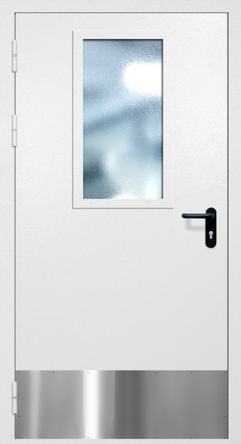Однопольная противопожарная дверь EI-60 с широким стеклопакетом и отбойником, окрас по RAL 9003 Однопольная противопожарная дверь EI-60 с широким стеклопакетом и отбойником, окрас по RAL 9003