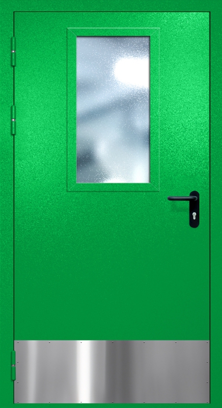 Однопольная противопожарная дверь EI-60 с широким стеклопакетом, отбойником и ручкой «Антипаника», окрас по RAL 6037