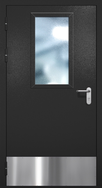 Однопольная противопожарная дверь EI-60 с широким стеклопакетом и отбойником, окрас по RAL 9004