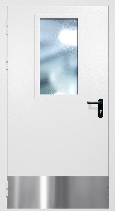 Однопольная противопожарная дверь EI-60 с широким стеклопакетом, отбойником и ручкой «Антипаника», окрас по RAL 9003 Однопольная противопожарная дверь EI-60 с широким стеклопакетом, отбойником и ручкой «Антипаника», окрас по RAL 9003