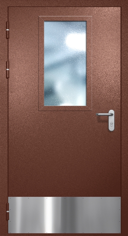 Однопольная противопожарная дверь EI-60 с широким стеклопакетом и отбойником, окрас по RAL 8016