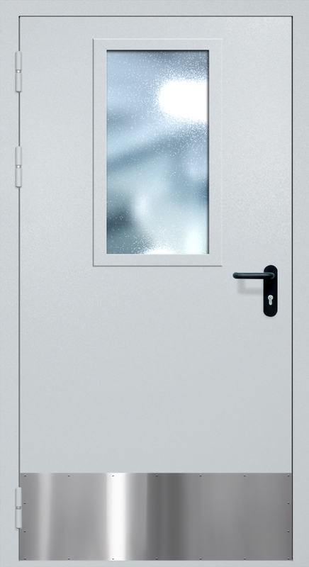 Однопольная противопожарная дверь EI-60 с широким стеклопакетом, отбойником и ручкой «Антипаника», окрас по RAL