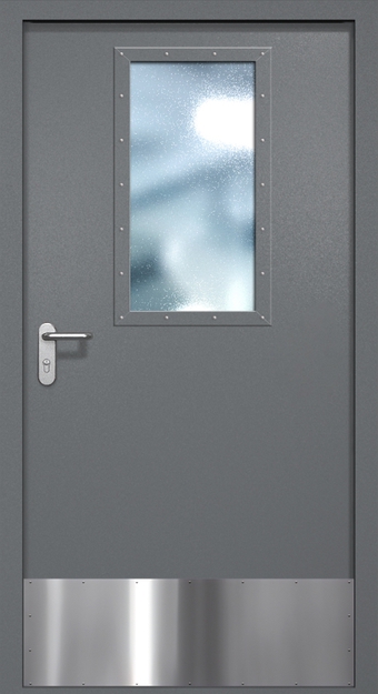 Однопольная противопожарная дверь EI-60 с широким стеклопакетом и отбойником, окрас по RAL 7001 Однопольная противопожарная дверь EI-60 с широким стеклопакетом и отбойником, окрас по RAL 7001