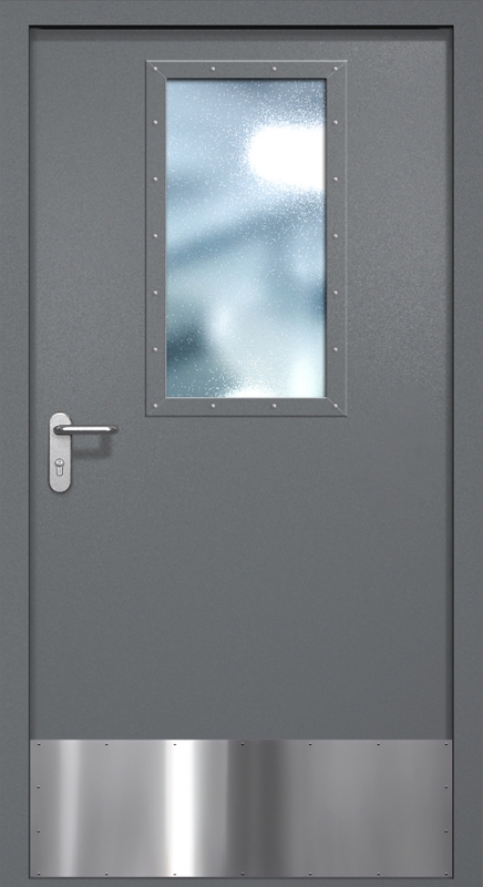 Однопольная противопожарная дверь EI-60 с широким стеклопакетом и отбойником, окрас по RAL 7001