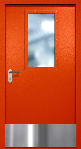 Однопольная противопожарная дверь EI-60 с широким стеклопакетом и отбойником, окрас по RAL 3003