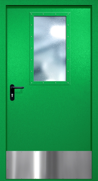 Однопольная противопожарная дверь EI-60 с широким стеклопакетом и отбойником, окрас по RAL 6037 Однопольная противопожарная дверь EI-60 с широким стеклопакетом и отбойником, окрас по RAL 6037