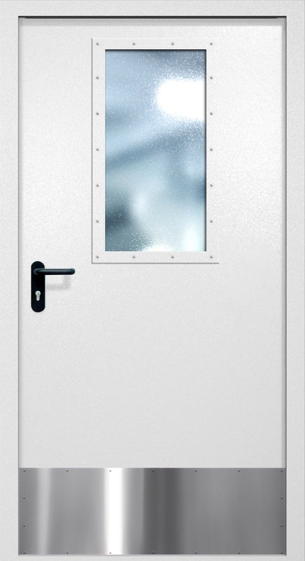 Однопольная противопожарная дверь EI-60 с широким стеклопакетом и отбойником, окрас по RAL 9003