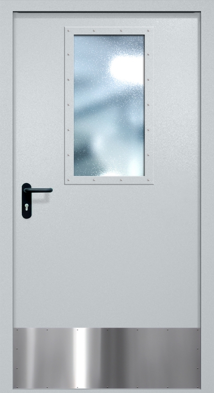 Однопольная противопожарная дверь EI-60 с широким стеклопакетом и отбойником, окрас по RAL