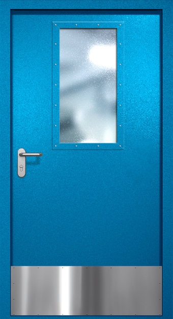 Однопольная противопожарная дверь EI-60 с широким стеклопакетом и отбойником, окрас по RAL 5002 Однопольная противопожарная дверь EI-60 с широким стеклопакетом и отбойником, окрас по RAL 5002