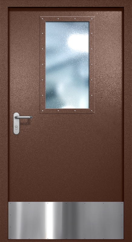 Однопольная противопожарная дверь EI-60 с широким стеклопакетом и отбойником, окрас по RAL 8016