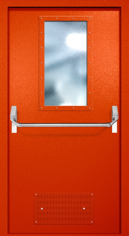 Однопольная противопожарная дверь EI-60 с вентиляцией, широким стеклопакетом и ручкой «Антипаника», окрас по RAL 3003