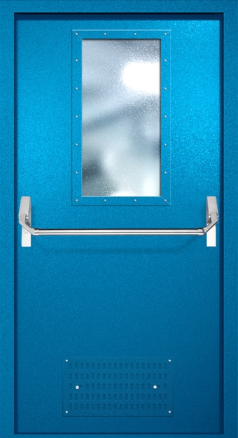 Однопольная противопожарная дверь EI-60 с вентиляцией, широким стеклопакетом и ручкой «Антипаника», окрас по RAL 5002