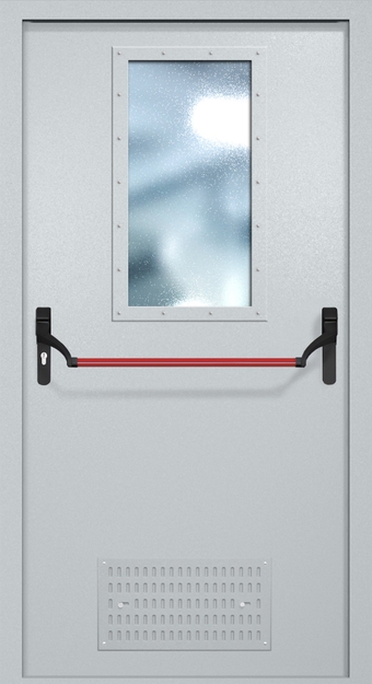 Однопольная противопожарная дверь EI-60 с вентиляцией, широким стеклопакетом и ручкой «Антипаника», окрас по RAL