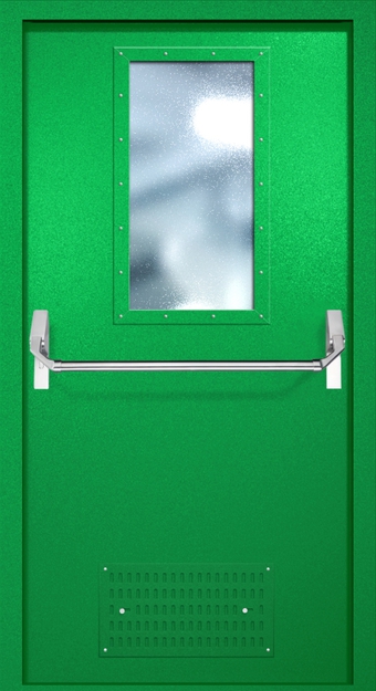 Однопольная противопожарная дверь EI-60 с вентиляцией, широким стеклопакетом и ручкой «Антипаника», окрас по RAL 6037 Однопольная противопожарная дверь EI-60 с вентиляцией, широким стеклопакетом и ручкой «Антипаника», окрас по RAL 6037