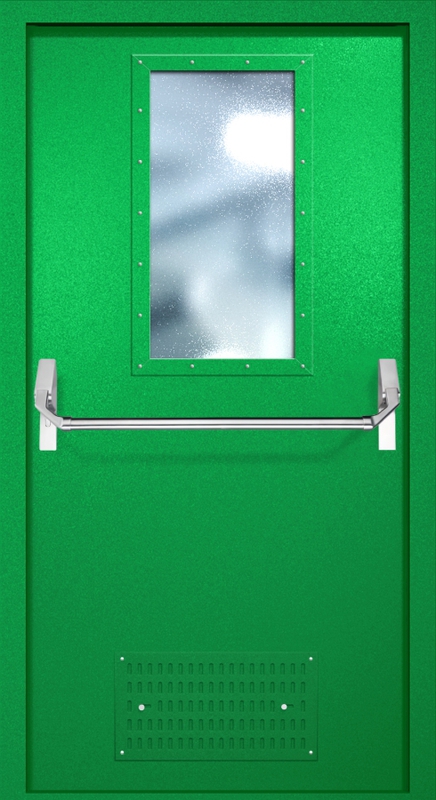 Однопольная противопожарная дверь EI-60 с вентиляцией, широким стеклопакетом и ручкой «Антипаника», окрас по RAL 6037 Однопольная противопожарная дверь EI-60 с вентиляцией, широким стеклопакетом и ручкой «Антипаника», окрас по RAL 6037