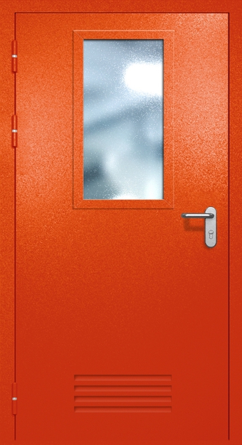 Однопольная противопожарная дверь EI-60 с вентиляцией и широким стеклопакетом, окрас по RAL 3003