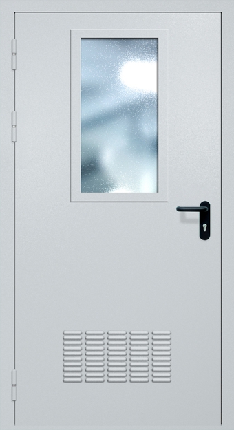 Однопольная противопожарная дверь EI-60 с вентиляцией, широким стеклопакетом и ручкой «Антипаника», окрас по RAL