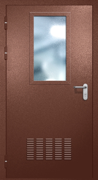 Однопольная противопожарная дверь EI-60 с вентиляцией и широким стеклопакетом, окрас по RAL 8016 Однопольная противопожарная дверь EI-60 с вентиляцией и широким стеклопакетом, окрас по RAL 8016