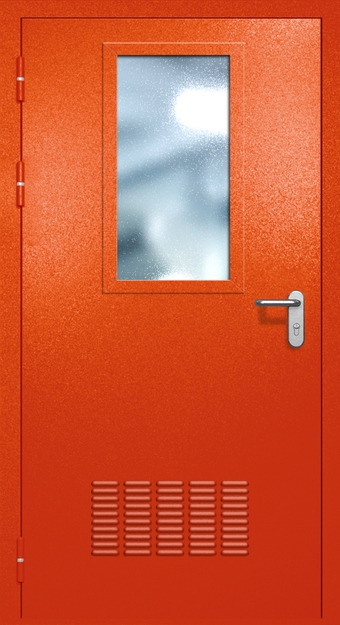 Однопольная противопожарная дверь EI-60 с вентиляцией и широким стеклопакетом, окрас по RAL 3003 Однопольная противопожарная дверь EI-60 с вентиляцией и широким стеклопакетом, окрас по RAL 3003