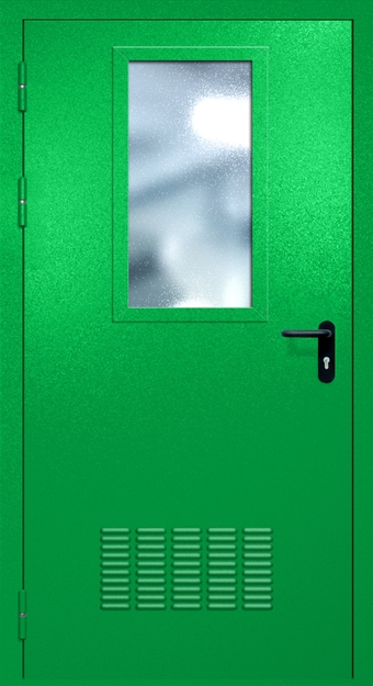 Однопольная противопожарная дверь EI-60 с вентиляцией, широким стеклопакетом и ручкой «Антипаника», окрас по RAL 6037 Однопольная противопожарная дверь EI-60 с вентиляцией, широким стеклопакетом и ручкой «Антипаника», окрас по RAL 6037