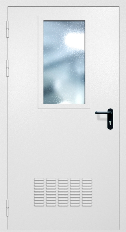 Однопольная противопожарная дверь EI-60 с вентиляцией и широким стеклопакетом, окрас по RAL 9003 Однопольная противопожарная дверь EI-60 с вентиляцией и широким стеклопакетом, окрас по RAL 9003