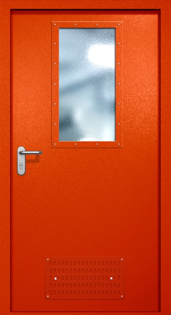 Однопольная противопожарная дверь EI-60 с вентиляцией и широким стеклопакетом, окрас по RAL 3003