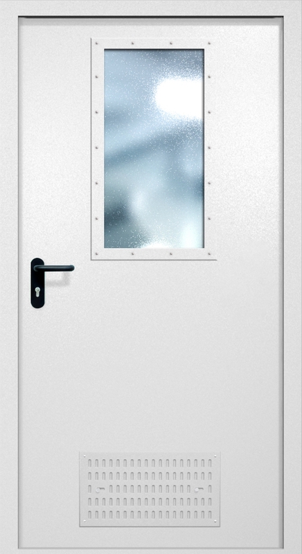 Однопольная противопожарная дверь EI-60 с вентиляцией и широким стеклопакетом, окрас по RAL 9003 Однопольная противопожарная дверь EI-60 с вентиляцией и широким стеклопакетом, окрас по RAL 9003