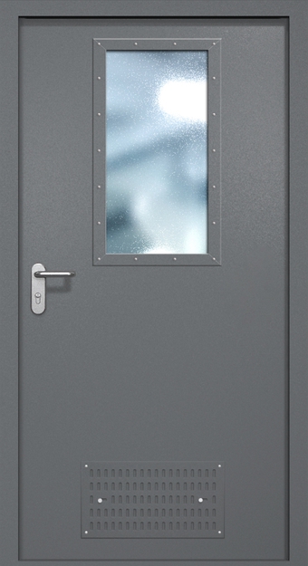 Однопольная противопожарная дверь EI-60 с вентиляцией и широким стеклопакетом, окрас по RAL 7001