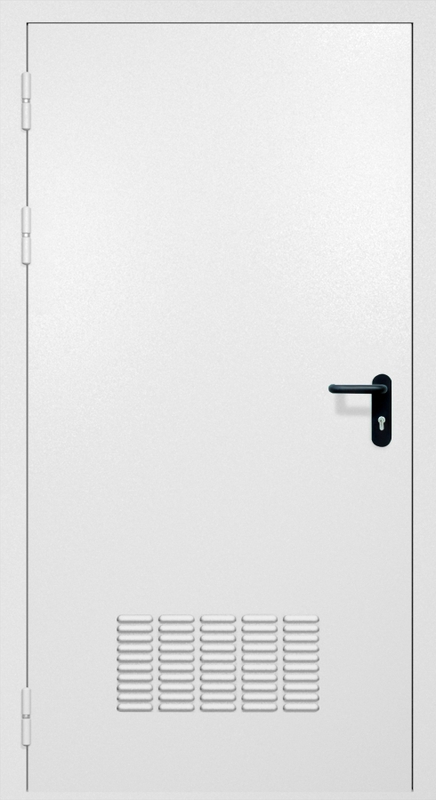 Однопольная противопожарная дверь EI-60 с вентиляцией и ручкой «Антипаника», окрас по RAL 9003 Однопольная противопожарная дверь EI-60 с вентиляцией и ручкой «Антипаника», окрас по RAL 9003