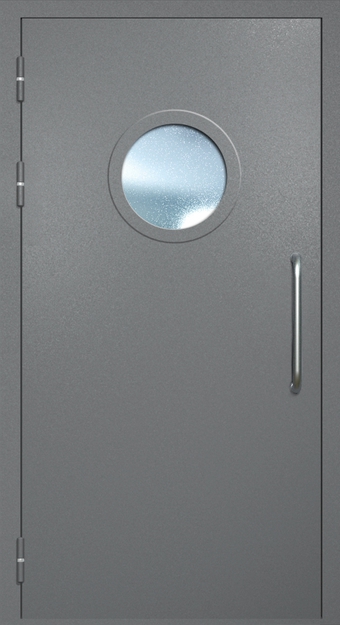 Однопольная техническая дверь с ручкой-скобой и круглым стеклопакетом, окрас по RAL 7001
