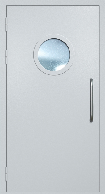 Однопольная техническая дверь с ручкой-скобой и круглым стеклопакетом, окрас по RAL