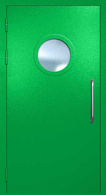 Однопольная техническая дверь с ручкой-скобой и круглым стеклопакетом, окрас по RAL 6037