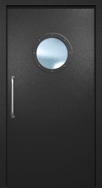 Однопольная техническая дверь с ручкой-скобой и круглым стеклопакетом, окрас по RAL 9004