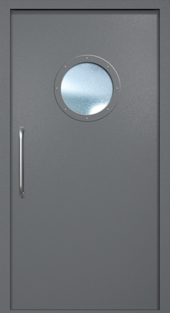 Однопольная техническая дверь с ручкой-скобой и круглым стеклопакетом, окрас по RAL 7001