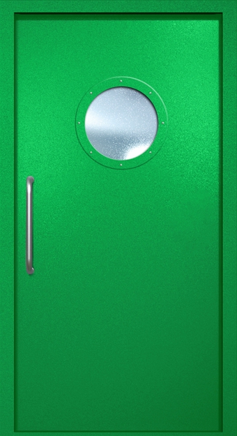 Однопольная техническая дверь с ручкой-скобой и круглым стеклопакетом, окрас по RAL 6037