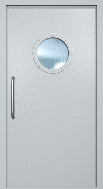 Однопольная техническая дверь с ручкой-скобой и круглым стеклопакетом, окрас по RAL