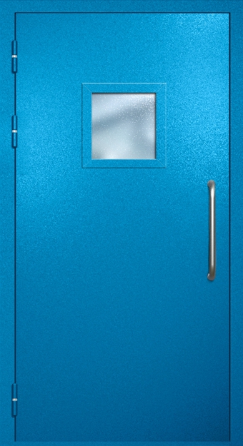 Однопольная техническая дверь с ручкой-скобой и квадратным стеклопакетом, окрас по RAL 5002