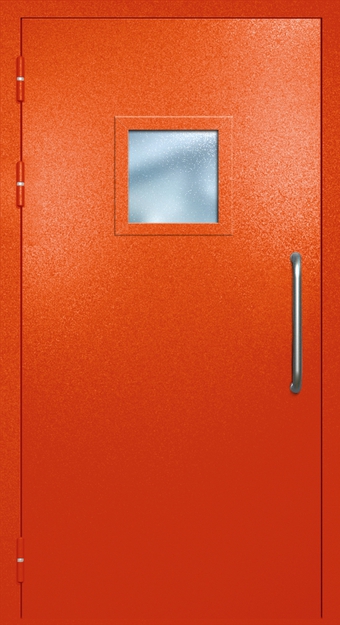 Однопольная техническая дверь с ручкой-скобой и квадратным стеклопакетом, окрас по RAL 3003