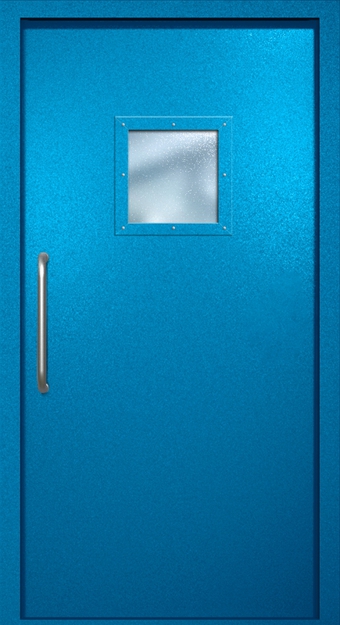 Однопольная техническая дверь с ручкой-скобой и квадратным стеклопакетом, окрас по RAL 5002