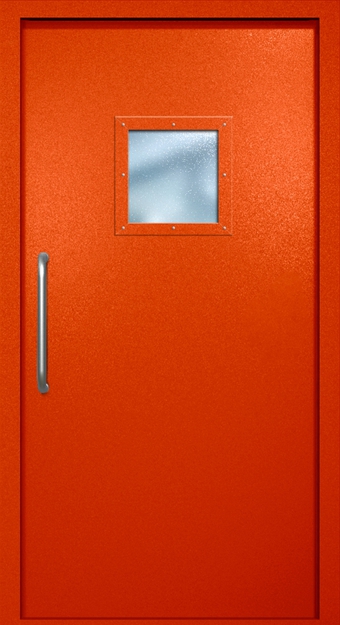 Однопольная техническая дверь с ручкой-скобой и квадратным стеклопакетом, окрас по RAL 3003