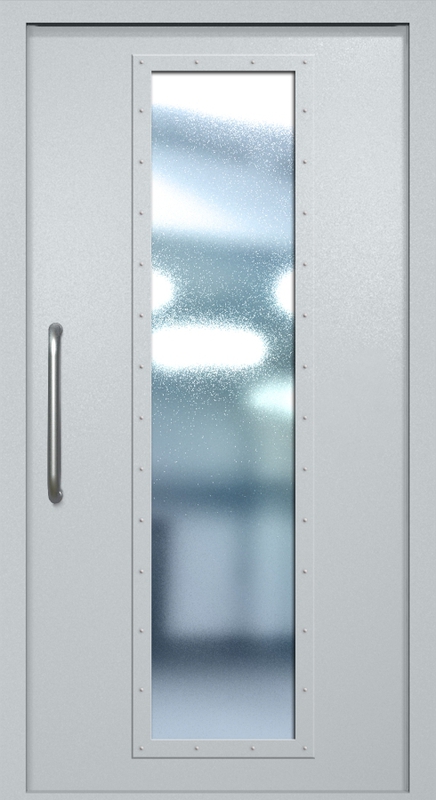 Однопольная техническая дверь с ручкой-скобой и максимальным стеклопакетом, окрас по RAL