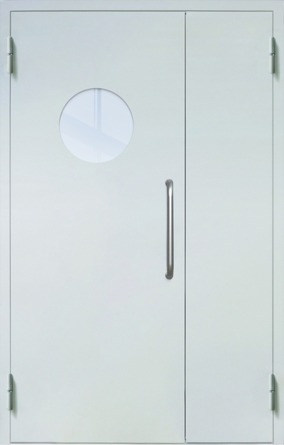 Полуторная техническая дверь с ручкой-скобой и круглым стеклопакетом, окрас по RAL Полуторная техническая дверь с ручкой-скобой и круглым стеклопакетом, окрас по RAL